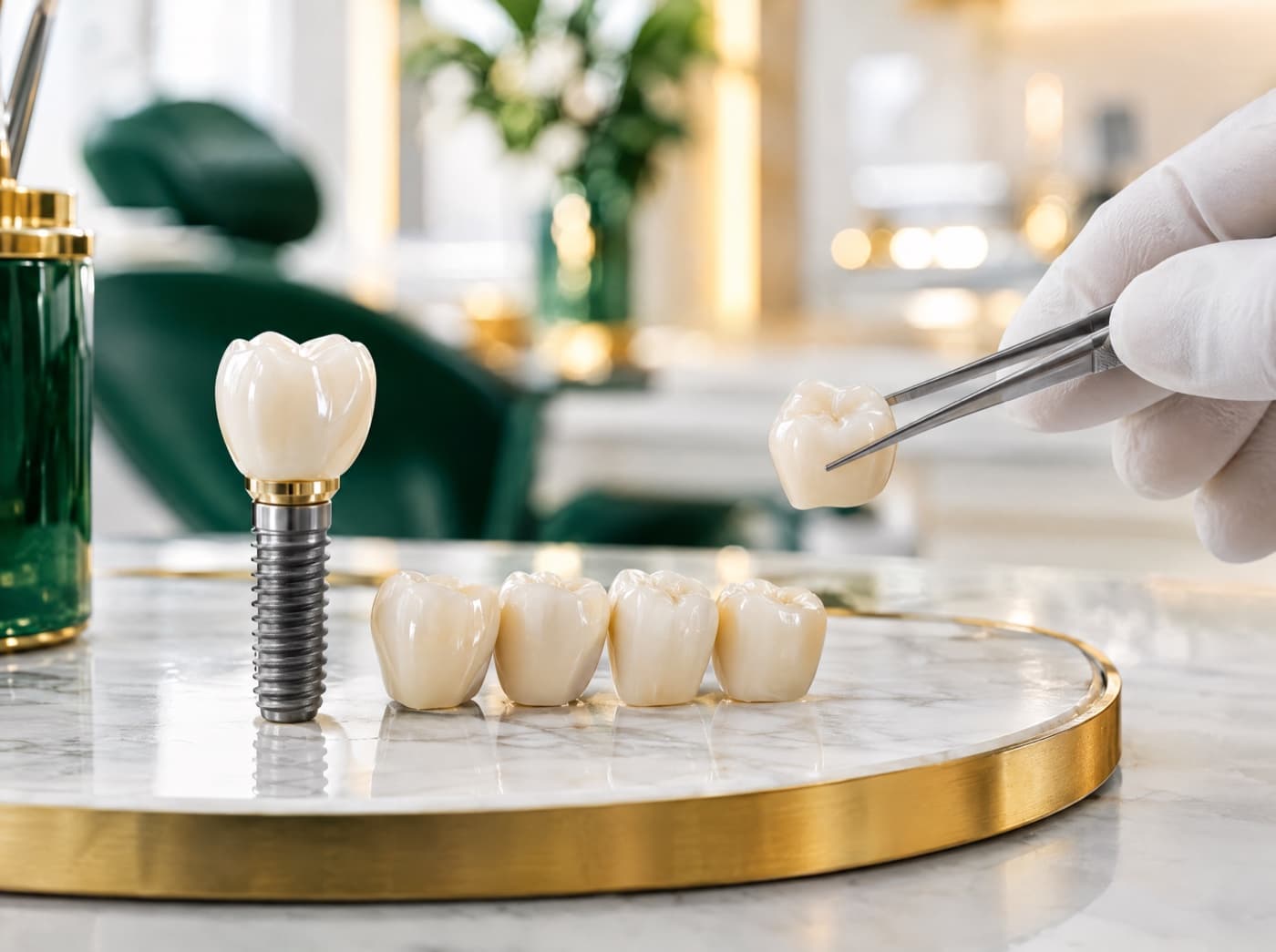 Implant dentaire et couronnes en céramique sur un plateau en marbre cerclé d’or