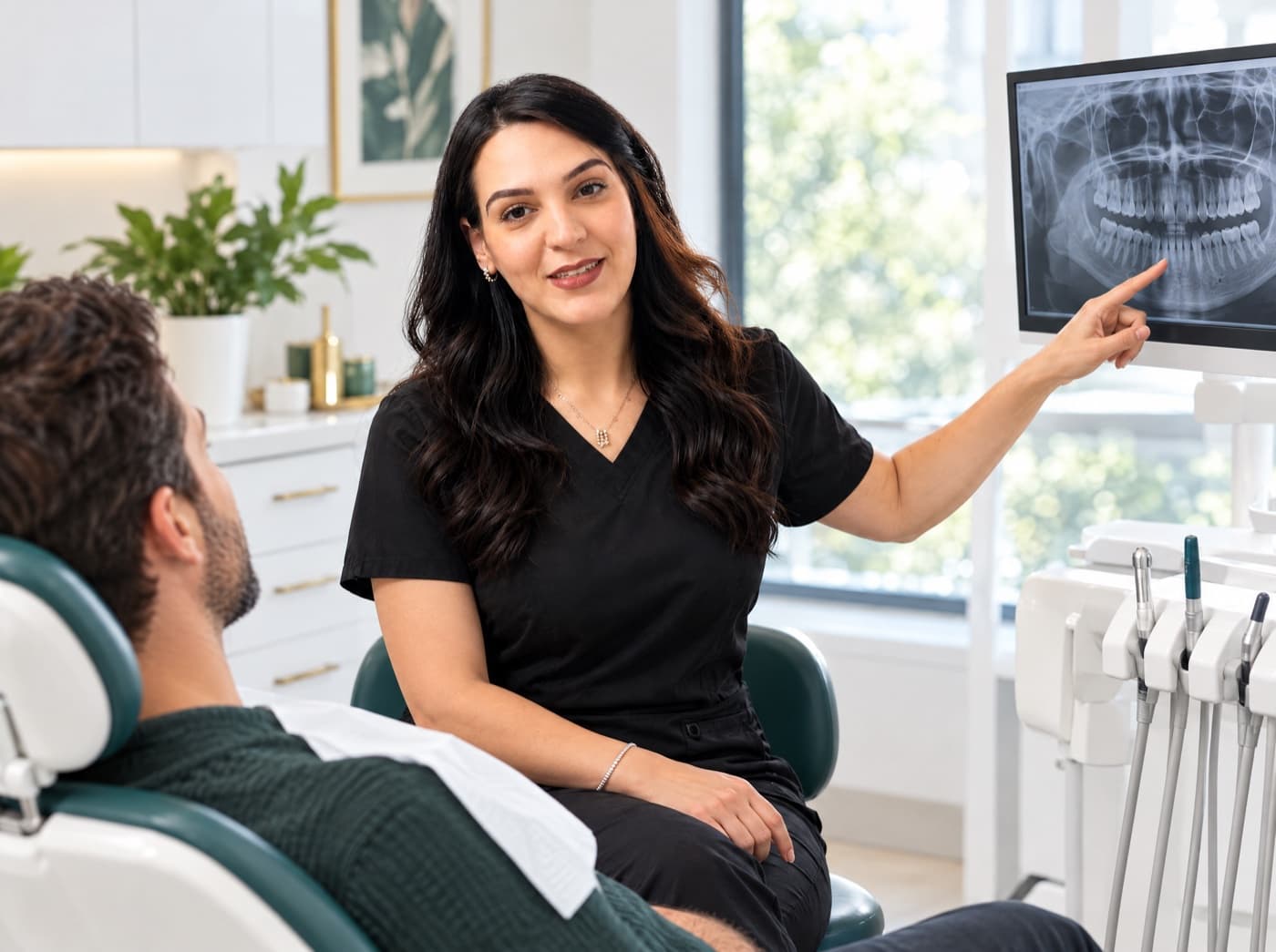 Le Dr Ibtissam Afifi expliquant une radiographie panoramique à un patient installé au fauteuil